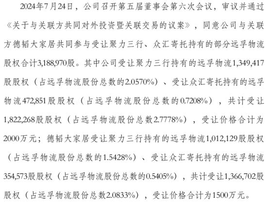 金牌家居拟合计受让远孚物流18223万股股权受让价格合计为2